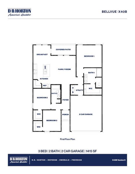2D floor plan layout for the Bellvue by D.R. Horton in Grand Pines, Magnolia, TX (Image 3).