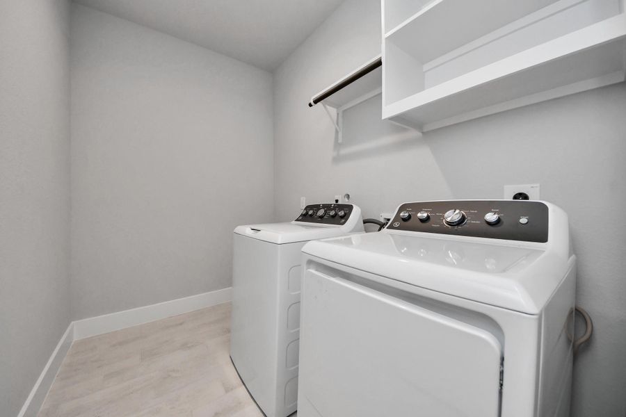 A perfect blend of functionality and comfort. Capture the essence of easy living with a first-floor laundry room, thoughtfully equipped with shelving for effortless organization. Both electric and gas connections available.
