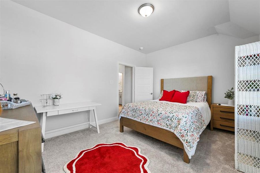 Carpeted bedroom with lofted ceiling