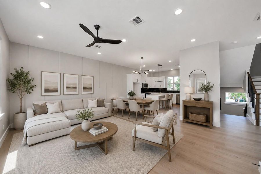 Spacious open-concept living with modern finishes, designer lighting, & seamless flow between the living, dining, & kitchen areas. Bright interiors & warm contemporary design create the perfect space for everyday living & entertaining.