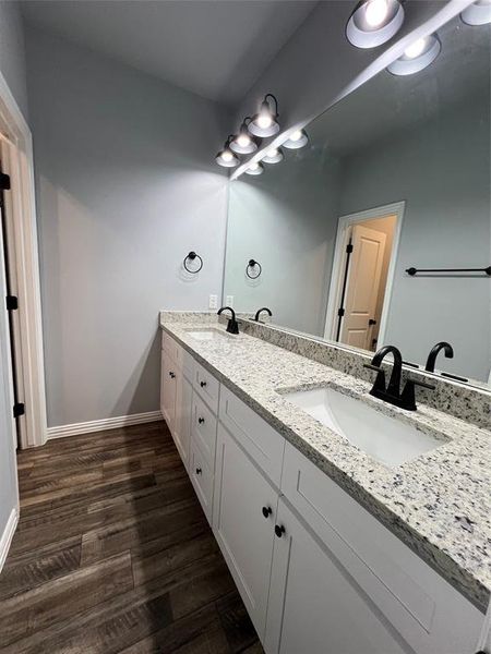 Hall Bathroom featuring double vanity and hardwood / wood-style flooring