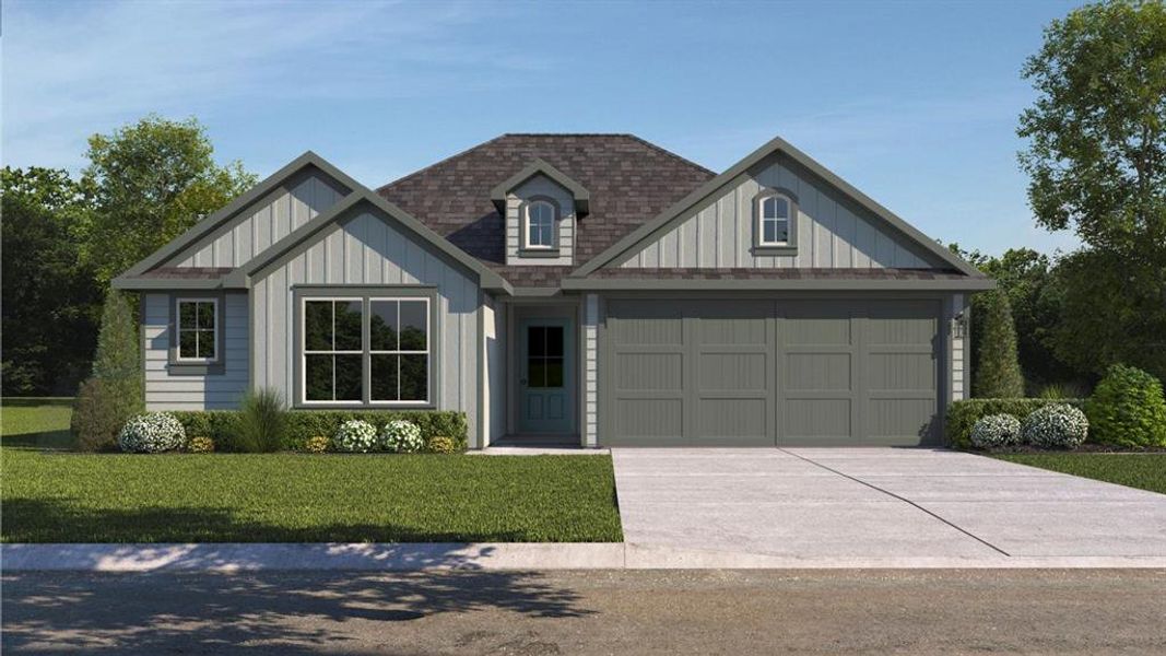 View of front facade featuring a garage, driveway, roof with shingles, board and batten siding, and a front yard