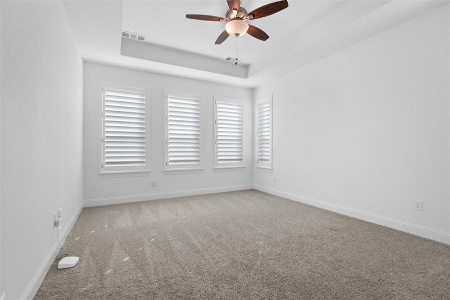 Empty room featuring carpet flooring, a raised ceiling, and ceiling fan