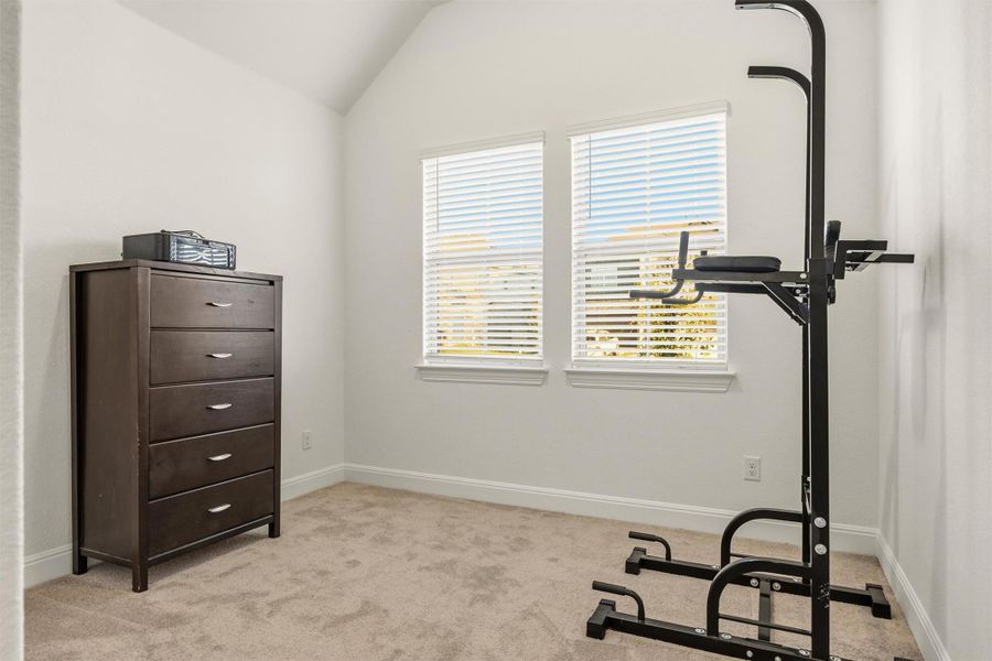 Workout area featuring lofted ceiling and light carpet