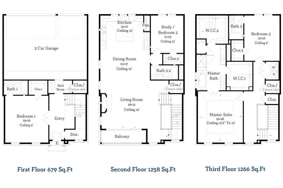 Floor plan of home.  Note the three-car garage.  Also, the three-story elevator will be installed by the builder and is included in the sales price!