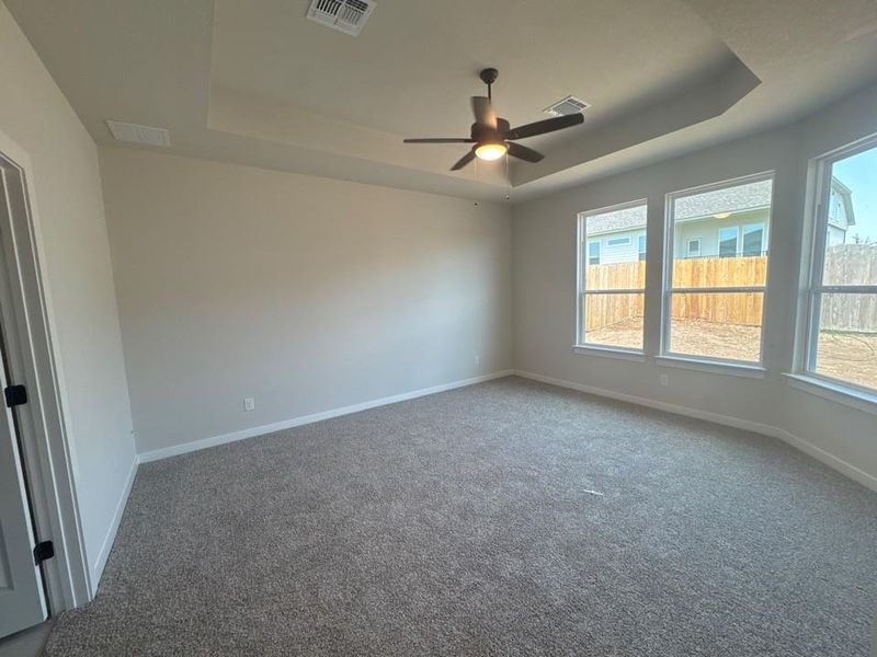 Unfurnished room featuring a raised ceiling, carpet, and a ceiling fan Unfurnished room featuring a raised ceiling, carpet, and a ceiling fan