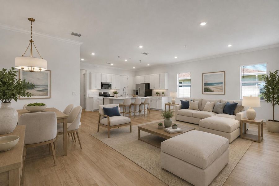 Great room angle w/ kitchen in bkgd