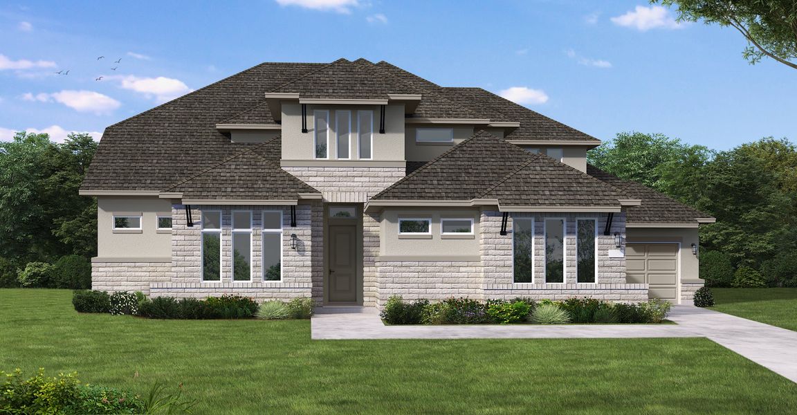 Front exterior of a new home in Lariat, Liberty Hill, TX, highlighting curb appeal (Image 1). Front exterior of a new home in Lariat, Liberty Hill, TX, highlighting curb appeal (Image 1).