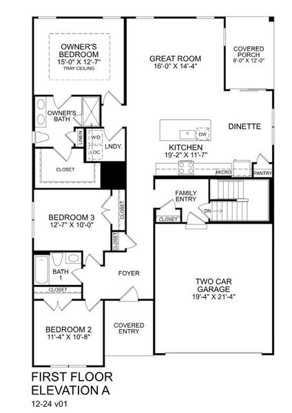 2D floor plan layout for the Bramante Ranch by Ryan Homes in Grande Dunes North Village Estates, Myrtle Beach, SC (Image 2).