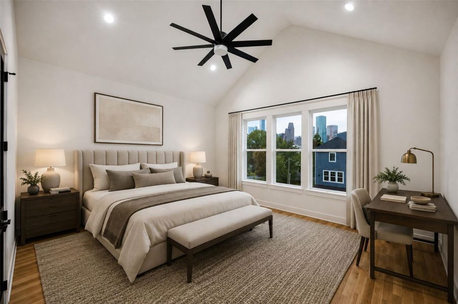 The expansive primary bedroom feels bright and impressive with a vaulted ceiling, warm wood flooring, recessed lighting, and a dramatic oversized black ceiling fan. Three tall windows frame attractive skyline views and fill the room with natural light. The generous proportions provide ample space for a full bedroom suite, seating area, or additional furnishings while maintaining an airy feel. This photo has been virtually staged for visual reference. The expansive primary bedroom feels bright and impressive with a vaulted ceiling, warm wood flooring, recessed lighting, and a dramatic oversized black ceiling fan. Three tall windows frame attractive skyline views and fill the room with natural light. The generous proportions provide ample space for a full bedroom suite, seating area, or additional furnishings while maintaining an airy feel. This photo has been virtually staged for visual reference.