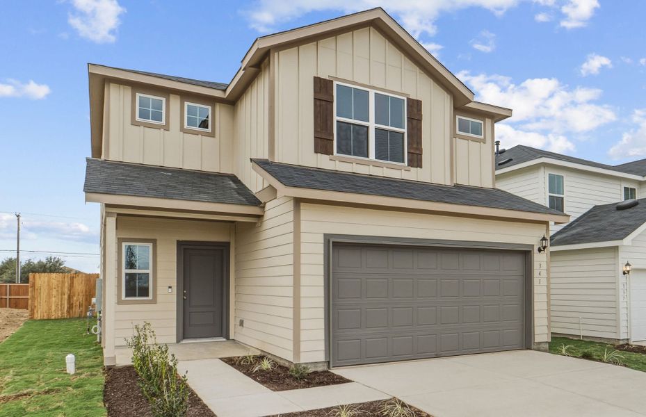 Front exterior of a new home in Larson Crossing, Elgin, TX, highlighting curb appeal (Image 20).