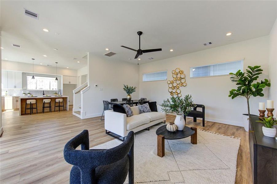 This open floorplan allows the natural light from the kitchen and balcony to entry your combined living room / dining room. This oversized living area is perfect for entertaining or hosting guests!