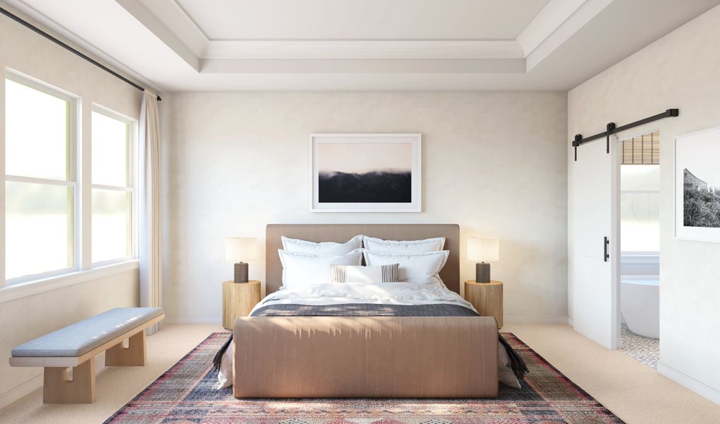 Primary suite with decorative feature wall Primary suite with decorative feature wall