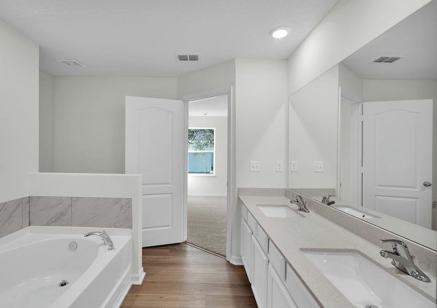 The master bath has a stunning vanity!