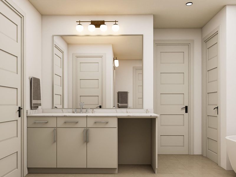 Enjoy a thoughtfully appointed primary bathroom with dual vanities, elegant finishes, and a generous walk-in shower, delivering comfort, functionality, and a polished, modern feel. Image shown is an artist’s rendering; final colors and selections may vary. Please see the New Home Consultant for details.