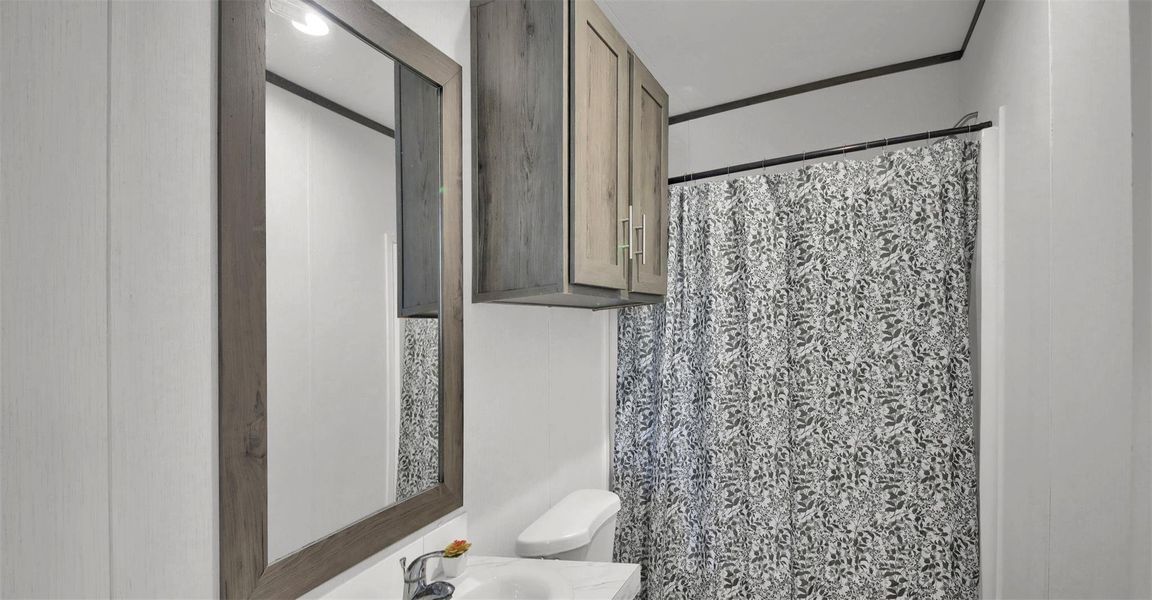 Full bath with vanity and a shower with shower curtain