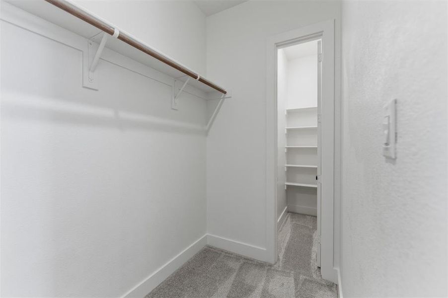Walk in closet featuring light carpet