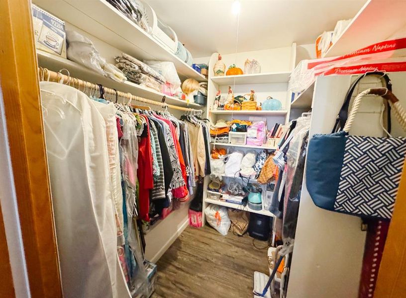 Walk in closet with dark wood-type flooring