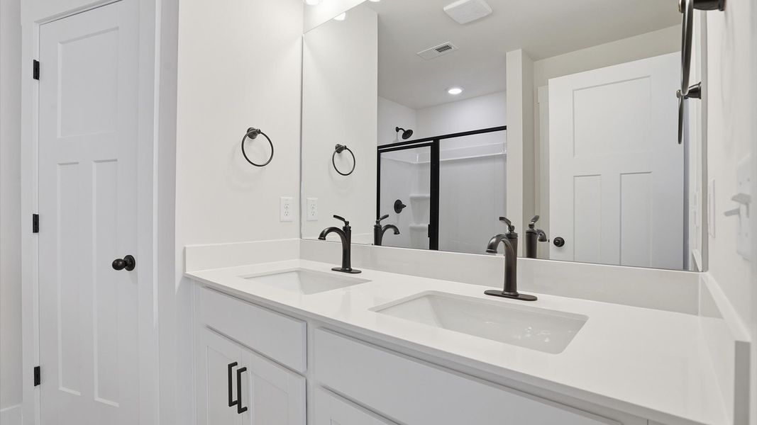 Tasteful primary bath with modern finishes, a walk-in shower, and thoughtful double vanity layout located in Greenville, SC