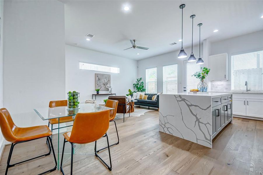 The expansive kitchen/living room has an open feel to it.