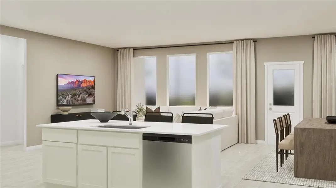 Kitchen with dishwasher, white cabinetry, a center island with sink, light stone counters, and open floor plan