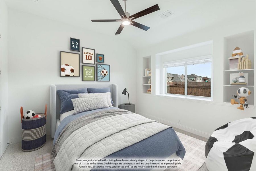 Children's bedroom with ceiling fan, built-in shelves, sports-themed wall art, and a window with neighborhood view