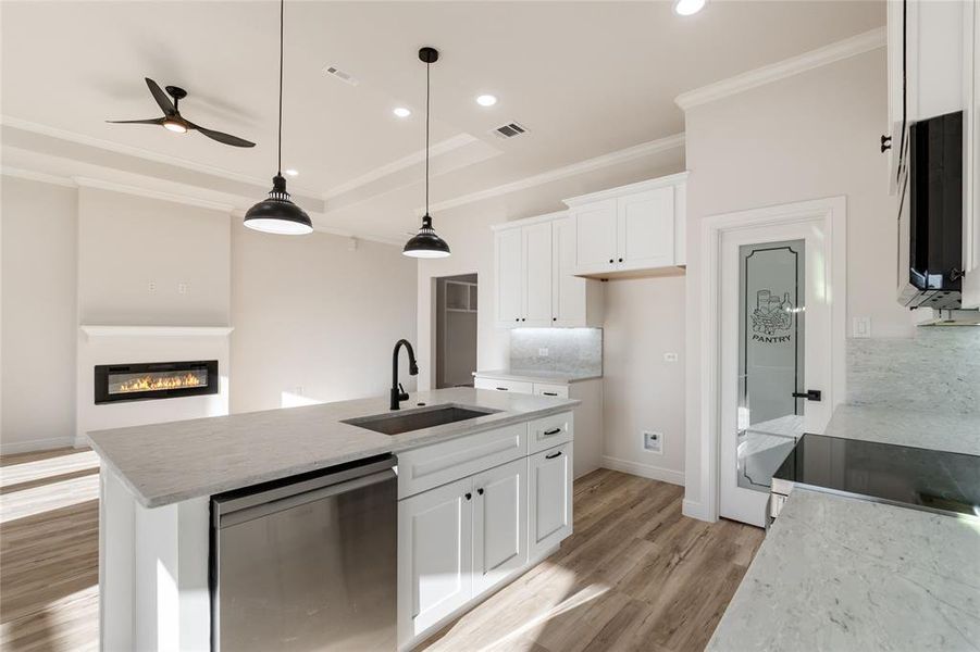Kitchen with a glass covered fireplace, stainless steel dishwasher, hanging light fixtures, white cabinets, and recessed lighting