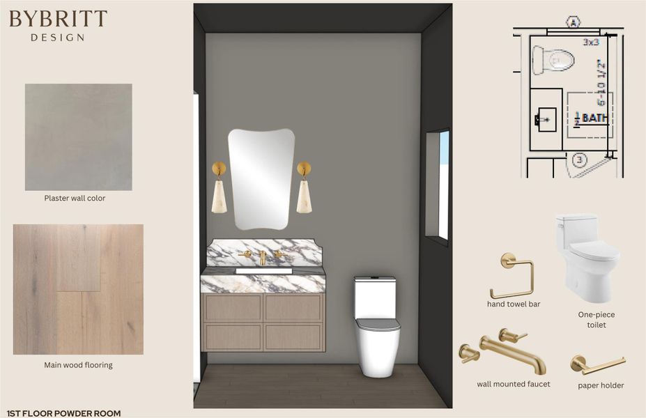 Powder room design featuring a contemporary vanity with a stone countertop and integrated sink, a frameless mirror, and dual wall sconces