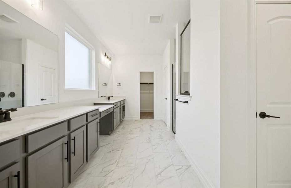 Spacious owner's bath with ample cabinet storage