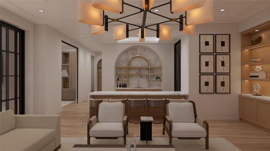Formal Wet Bar with marble countertops and backsplash and climate controlled Wine Room