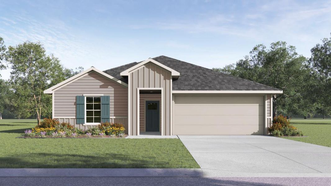 Front exterior of a new home in Watermill, Uhland, TX, highlighting curb appeal (Image 1). Front exterior of a new home in Watermill, Uhland, TX, highlighting curb appeal (Image 1).