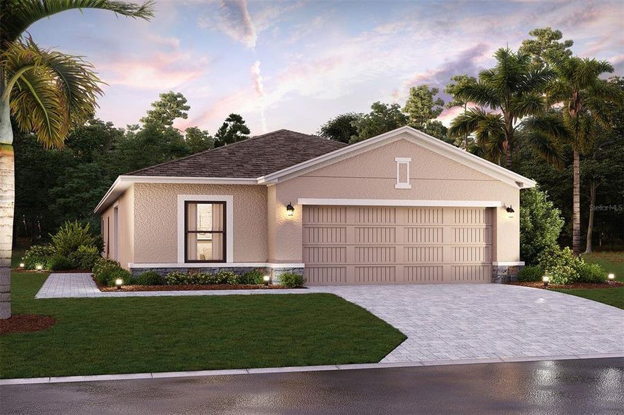 Front exterior of a new home in The Hammocks at West Port, Port Charlotte, FL, highlighting curb appeal (Image 1).