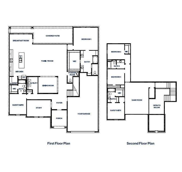 Two story floor plan illustrating the layout of the home, including open concept living areas on the first floor, guest suite, study, formal dining, covered patio, and three-car garage. Second floor features multiple bedrooms, full baths, and a spacious game room