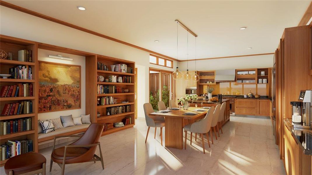 Dining room featuring crown molding, light marble finish flooring, and recessed lighting Dining room featuring crown molding, light marble finish flooring, and recessed lighting