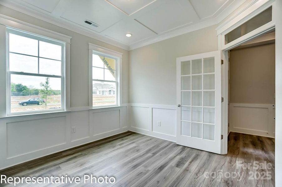 Office with optional coffered ceiling and wainscoting