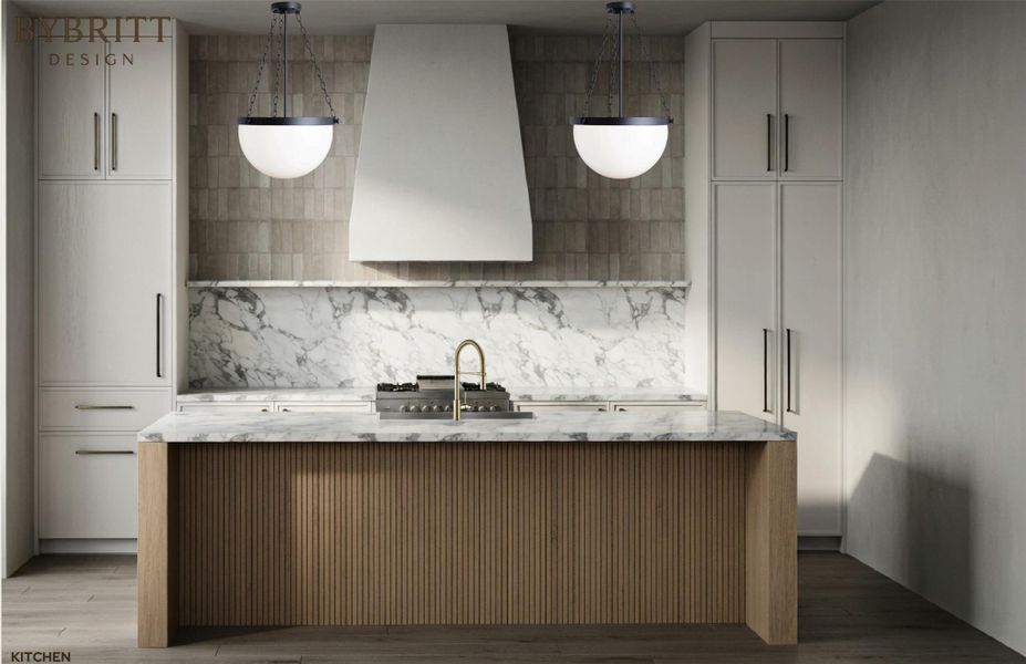 Kitchen island with fluted wood-finish paneling and a light-toned countertop