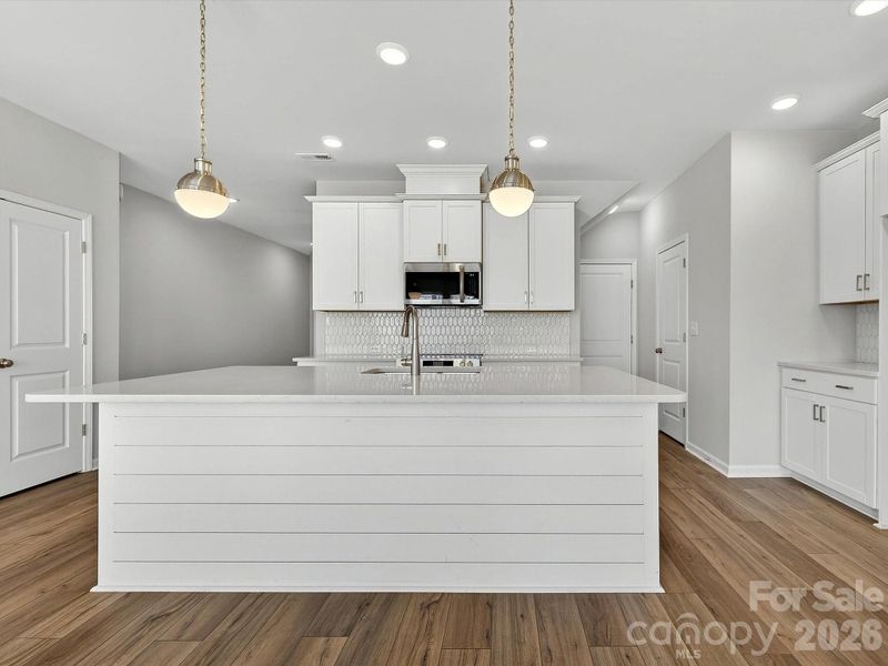 Shiplap Island- Quartz countertops, 42" cabinets with soft close doors and drawers, tiled backsplash, solid shelving in pantry, Frigidaire gallery appliances. cooking is vented to the outside