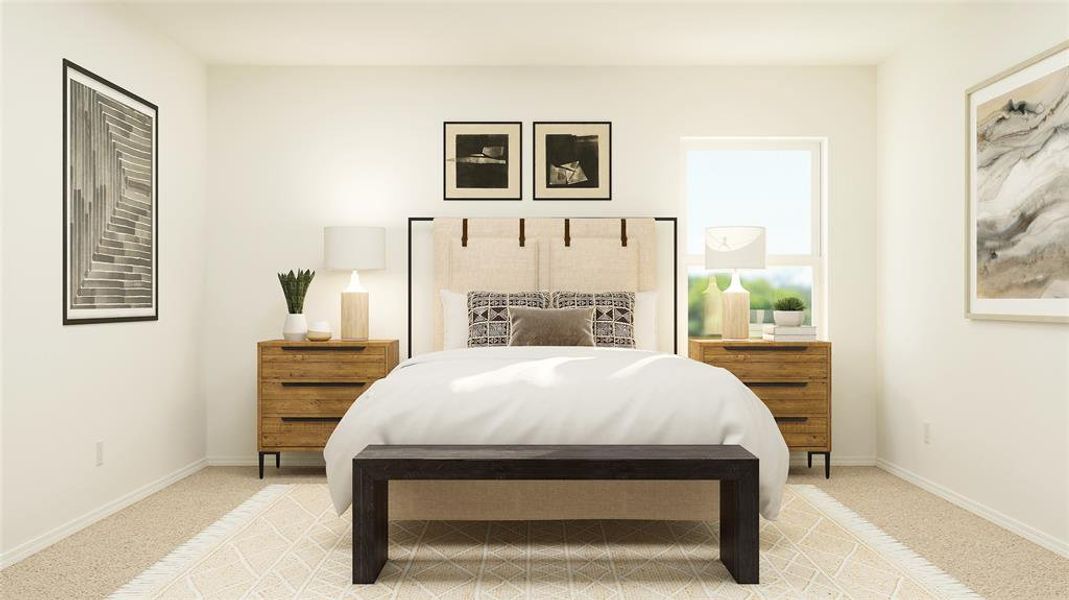 Bedroom featuring light colored carpet