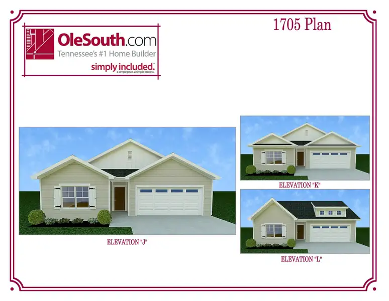 Representative exterior photo of a completed home built from the 1705 Elevation JKL by Ole South in Stone Fort Meadows, Manchester, TN (Image 1).