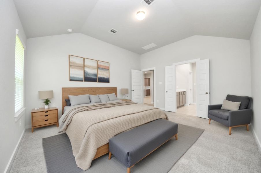 Virtually Staged - Primary Bedroom. Sample photo of completed home with similar floor plan. Actual colors and selections may vary. Virtually Staged - Primary Bedroom. Sample photo of completed home with similar floor plan. Actual colors and selections may vary.