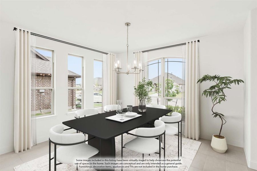 Dining room with dark rectangular table, white chairs, chandelier, and large windows with natural light Dining room with dark rectangular table, white chairs, chandelier, and large windows with natural light