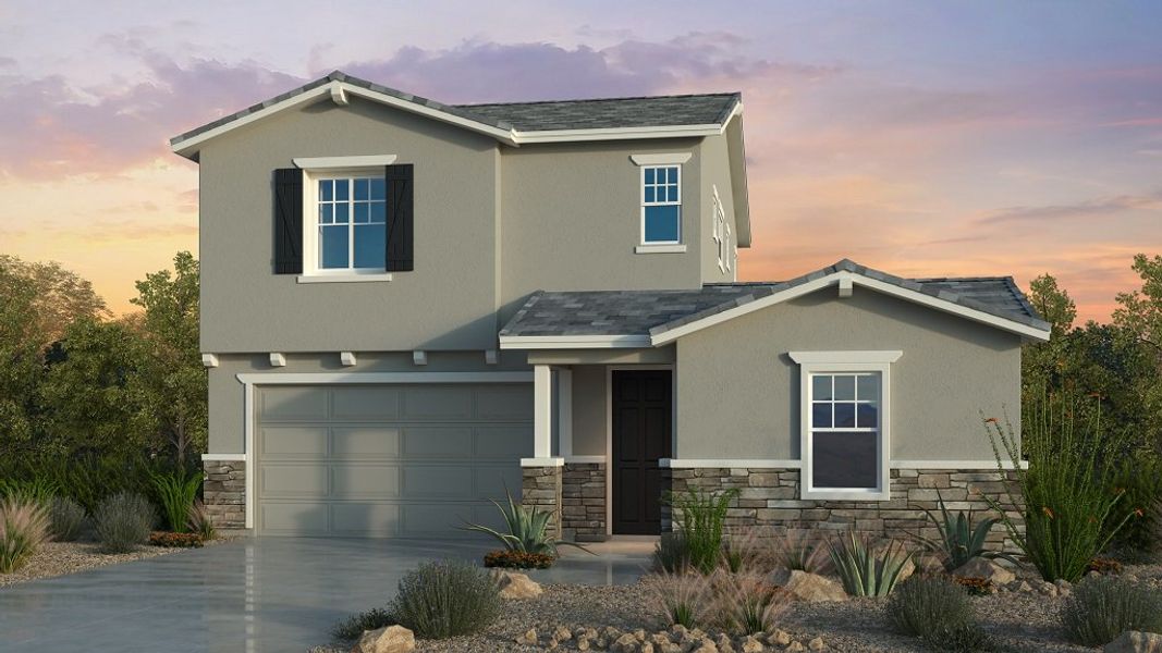 Front exterior of a new home in Hawes Crossing, Mesa, AZ, highlighting curb appeal (Image 1). Front exterior of a new home in Hawes Crossing, Mesa, AZ, highlighting curb appeal (Image 1).