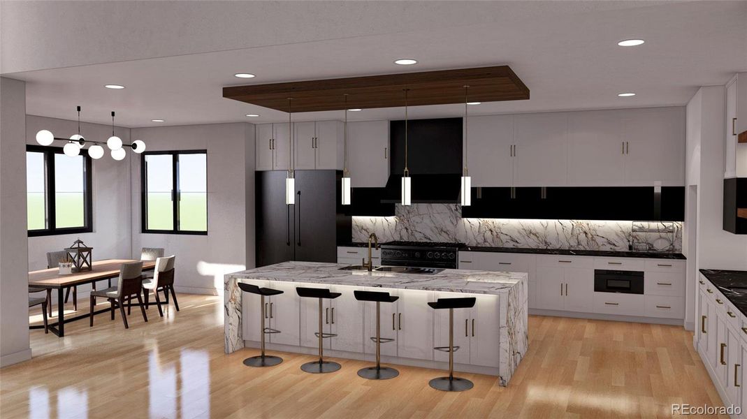 Gourmet kitchen with waterfall island