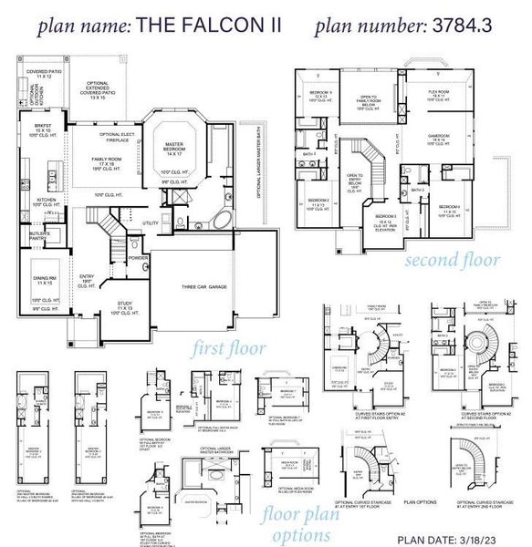 The floorplan for a spacious two-story home featuring a grand family room, open kitchen, and breakfast nook. Enjoy a luxurious master suite, versatile study, guest bedroom and full bath, and three-car garage. Upstairs offers four additional bedrooms, two full bathrooms, a media room, and a game room.