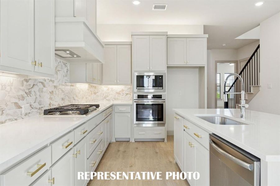 With beautiful cabinetry, gorgeous counter tops, elegant backsplash and stainless appliances, this dream kitchen is all that and more! REPRESENTATIVE PHOTO With beautiful cabinetry, gorgeous counter tops, elegant backsplash and stainless appliances, this dream kitchen is all that and more! REPRESENTATIVE PHOTO