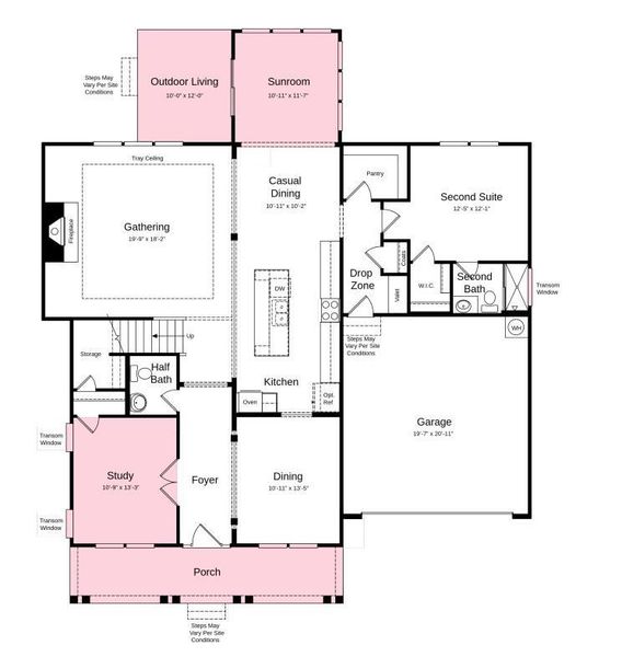First Floor Plan - Additional highlights include: study with double doors, additional windows added to full bathroom, tray ceiling in the great room, sunroom, additional windows in the study, sink in the laundry room, additional windows in the stairwell, and a shower in bathroom 3 First Floor Plan - Additional highlights include: study with double doors, additional windows added to full bathroom, tray ceiling in the great room, sunroom, additional windows in the study, sink in the laundry room, additional windows in the stairwell, and a shower in bathroom 3