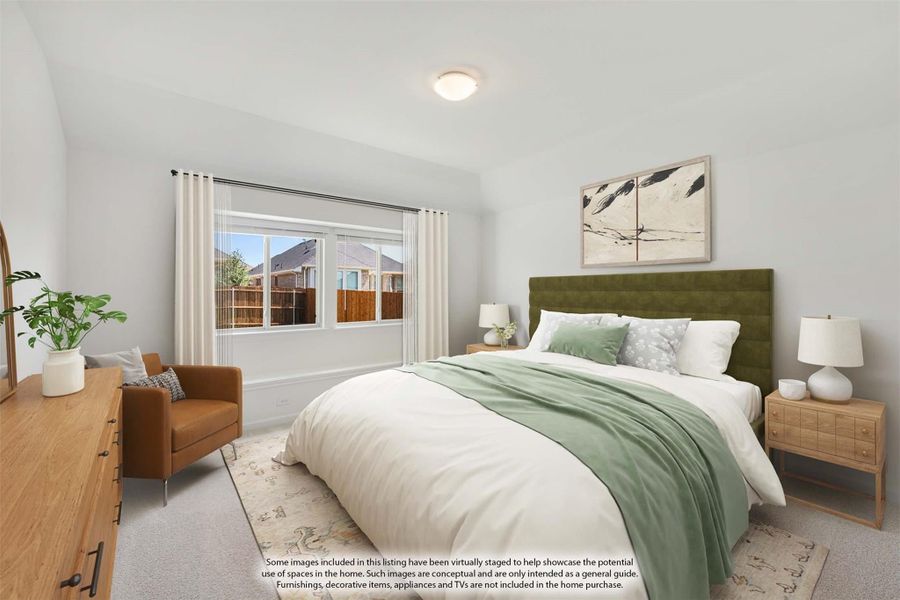 Bedroom with vaulted ceiling, carpet flooring, large window, and green upholstered headboard on queen bed Bedroom with vaulted ceiling, carpet flooring, large window, and green upholstered headboard on queen bed