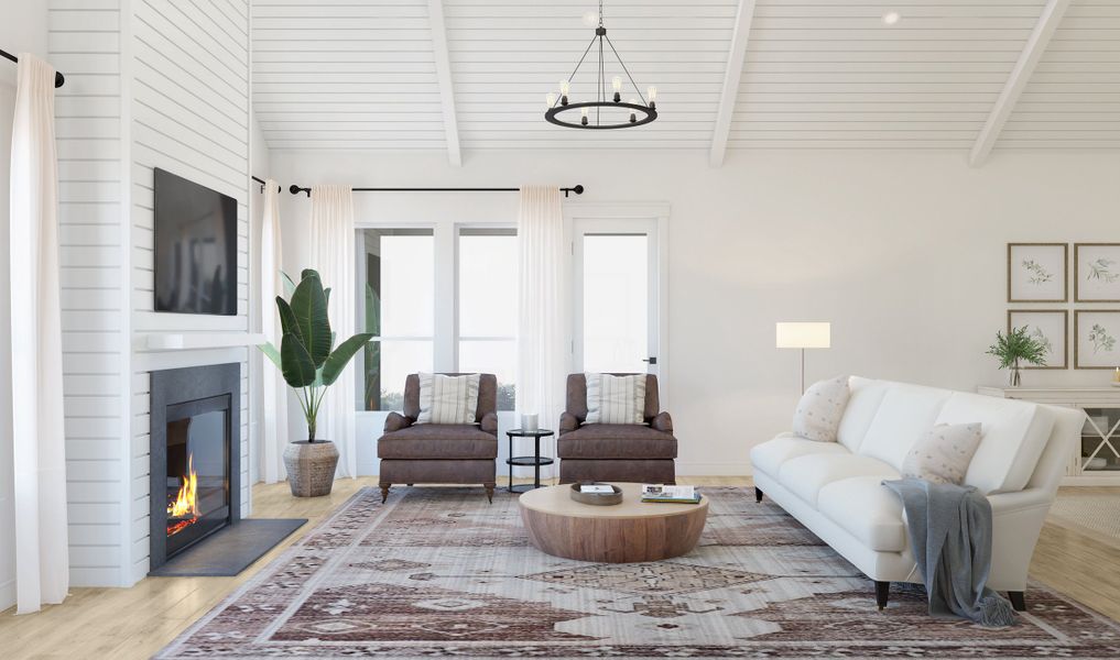 Great room with vaulted ceiling, shiplap and white beams