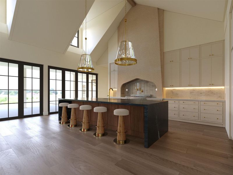 Elevare's kitchen blends architectural drama with refined elegance, featuring a soaring cathedral ceiling, Dormar windows with a dramatic lime stone sculpted plaster hood, and double waterfall island. Brass accents, cream custom cabinetry, and natural light pouring through oversized sliding grid doors is the body of work from Jordan Newton Interiors. Elevare's kitchen blends architectural drama with refined elegance, featuring a soaring cathedral ceiling, Dormar windows with a dramatic lime stone sculpted plaster hood, and double waterfall island. Brass accents, cream custom cabinetry, and natural light pouring through oversized sliding grid doors is the body of work from Jordan Newton Interiors.