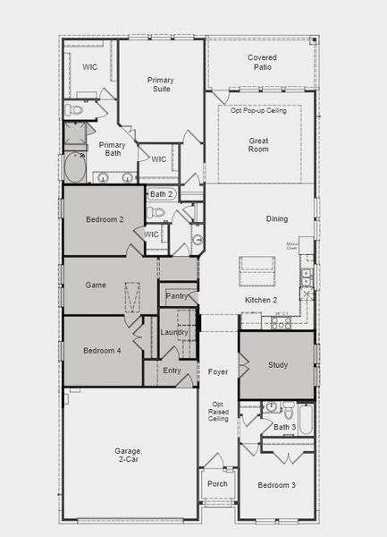 Structural options include: gourmet kitchen, shower at bath 3, game room in lieu of tandem garage, 12" pop up ceiling at gathering room, slide in tub at owner's bath, and study in lieu of flex.